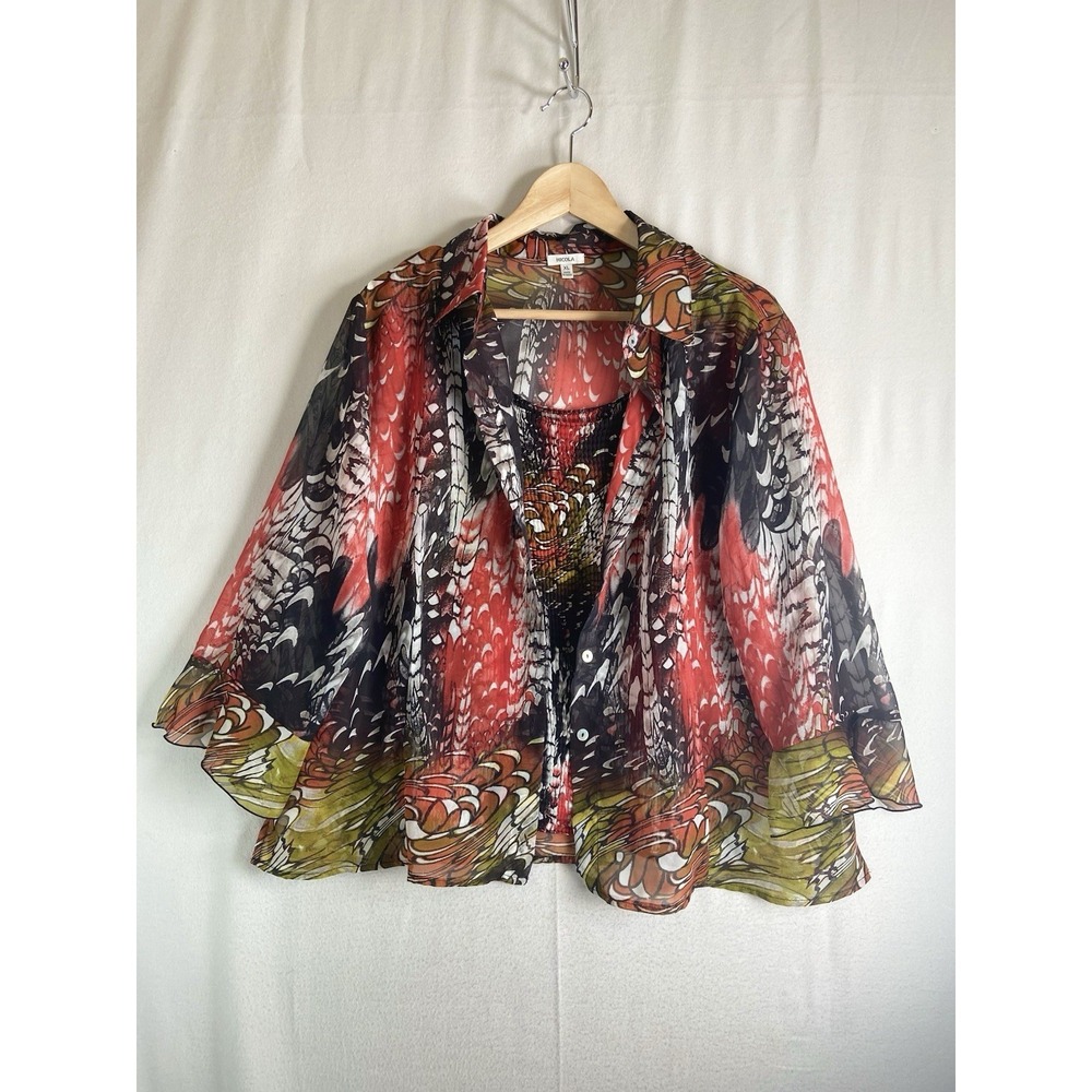 Nicola Womens XL 2 Piece Set Sheer Floral Top Smocked Tank Layered Boho Artsy